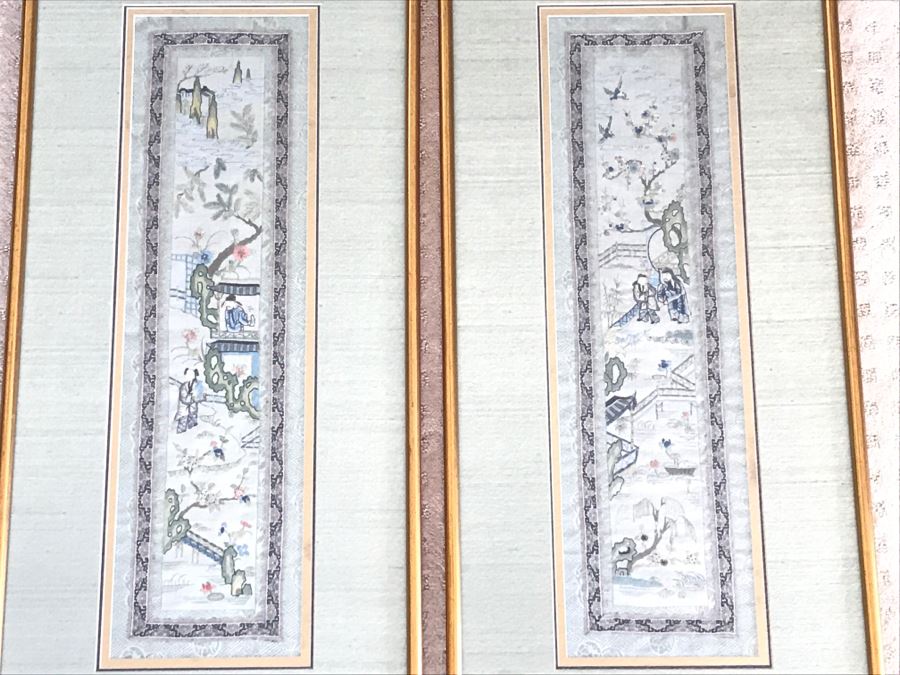 Pair Of Detailed Framed Chinese Silk Embroidery Artwork Landscape Scene With Figures [Photo 3]