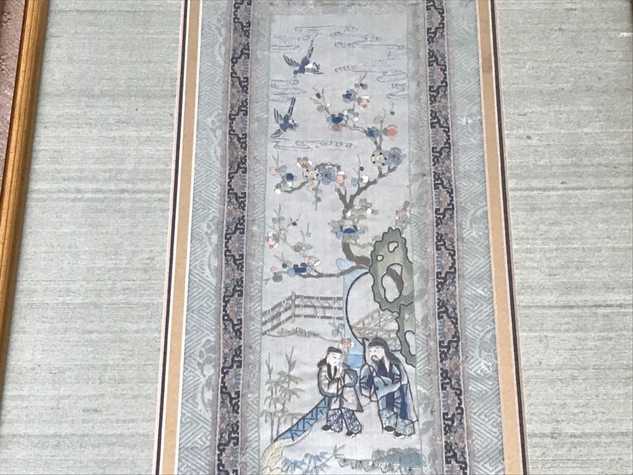 Pair Of Detailed Framed Chinese Silk Embroidery Artwork Landscape Scene With Figures [Photo 4]