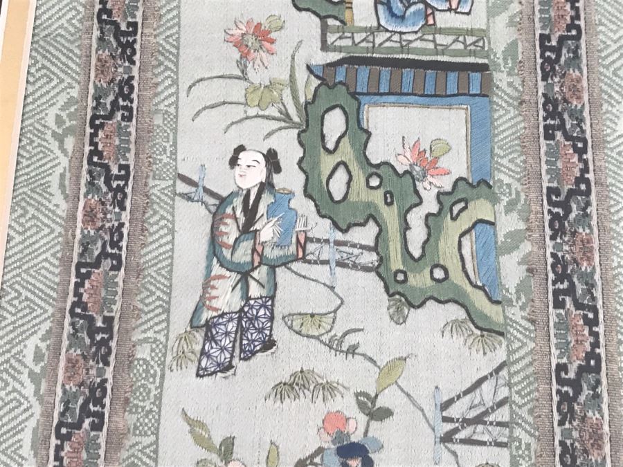 Pair Of Detailed Framed Chinese Silk Embroidery Artwork Landscape Scene With Figures [Photo 10]