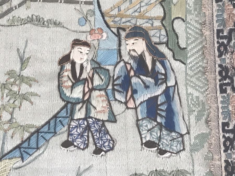Pair Of Detailed Framed Chinese Silk Embroidery Artwork Landscape Scene With Figures [Photo 5]