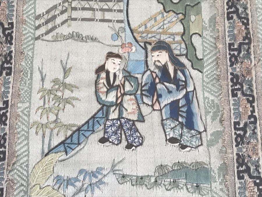 Pair Of Detailed Framed Chinese Silk Embroidery Artwork Landscape Scene With Figures [Photo 2]