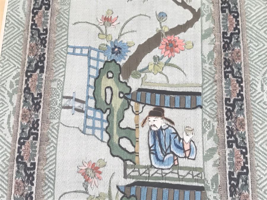 Pair Of Detailed Framed Chinese Silk Embroidery Artwork Landscape Scene With Figures [Photo 11]