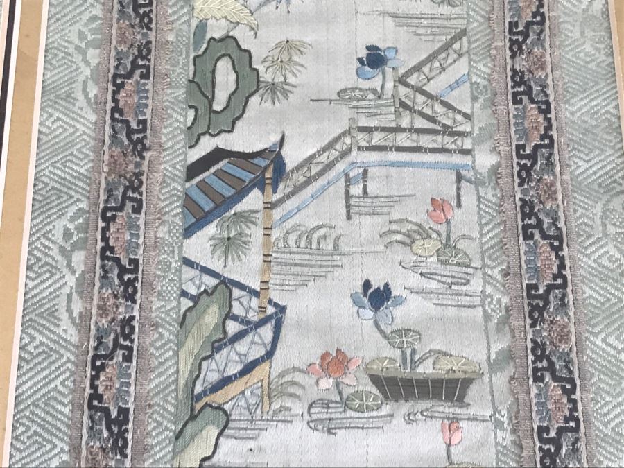 Pair Of Detailed Framed Chinese Silk Embroidery Artwork Landscape Scene With Figures [Photo 8]