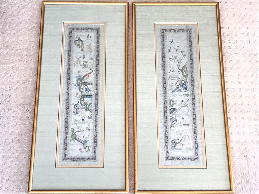Pair Of Detailed Framed Chinese Silk Embroidery Artwork Landscape Scene With Figures [Photo 1]