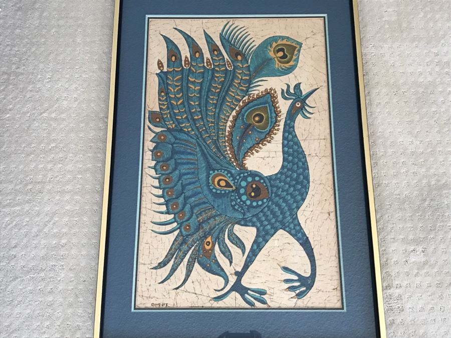 Framed Mid-Century Batik Painting Of Peacock [Photo 3]