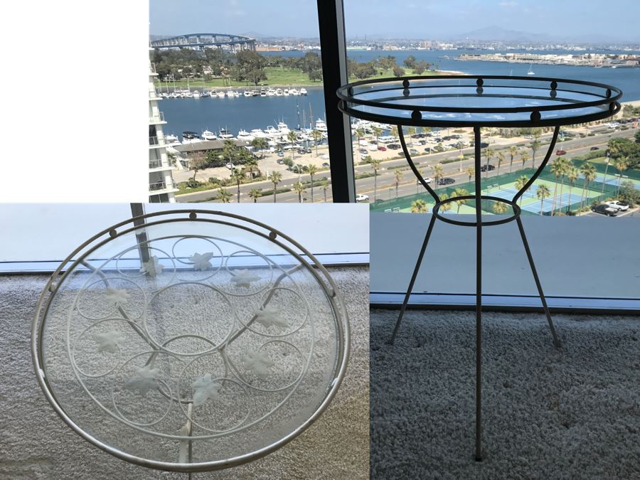 Mid-Century Modern White Metal Side Table With Glass Top And Vine Motif [Photo 1]