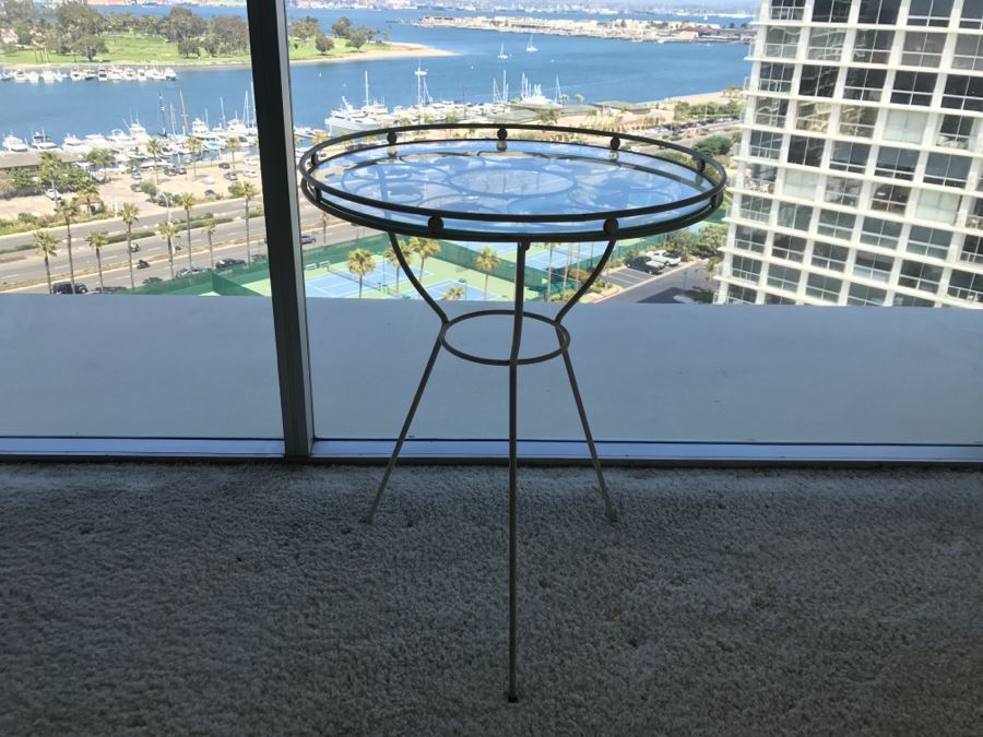 Mid-Century Modern White Metal Side Table With Glass Top And Vine Motif [Photo 3]