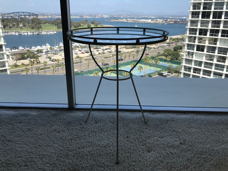 Mid-Century Modern White Metal Side Table With Glass Top And Vine Motif [Photo 2]