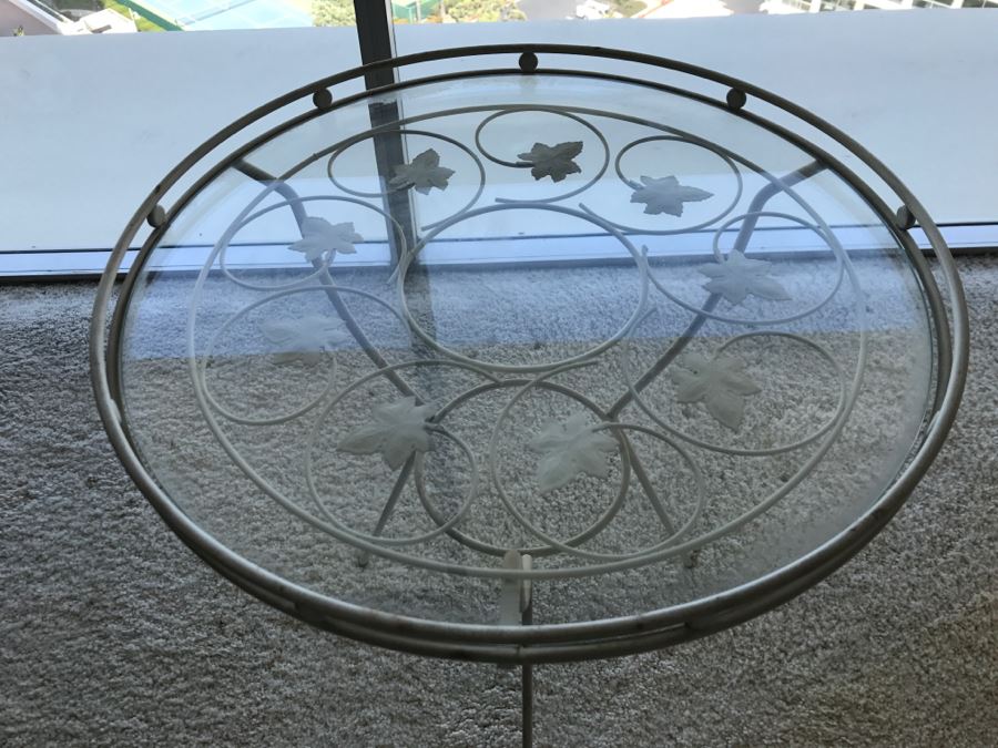 Mid-Century Modern White Metal Side Table With Glass Top And Vine Motif [Photo 7]