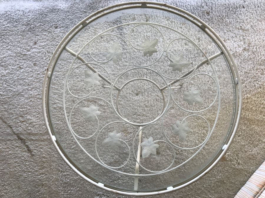 Mid-Century Modern White Metal Side Table With Glass Top And Vine Motif [Photo 5]