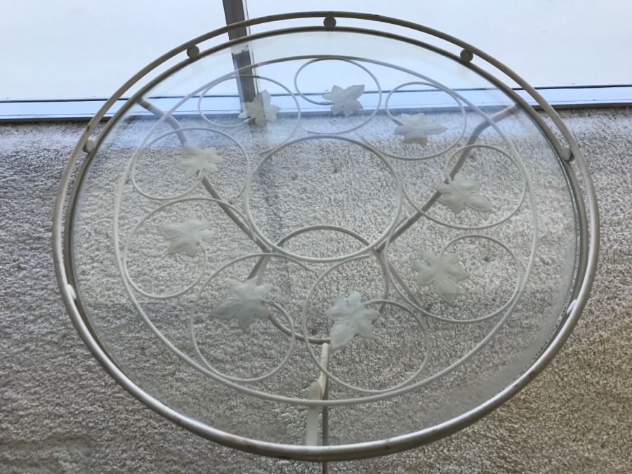 Mid-Century Modern White Metal Side Table With Glass Top And Vine Motif [Photo 6]