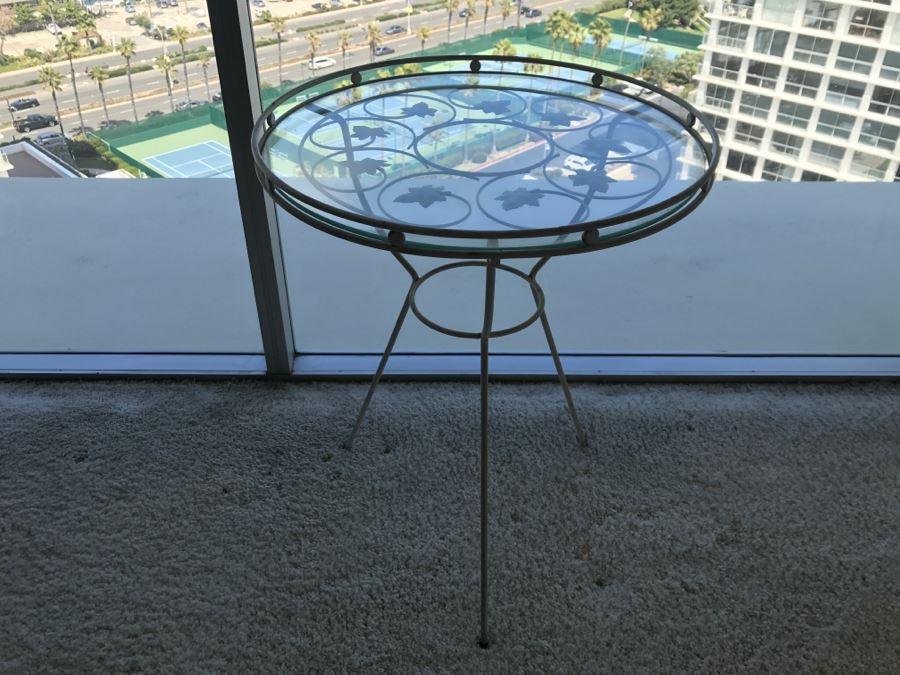 Mid-Century Modern White Metal Side Table With Glass Top And Vine Motif [Photo 4]