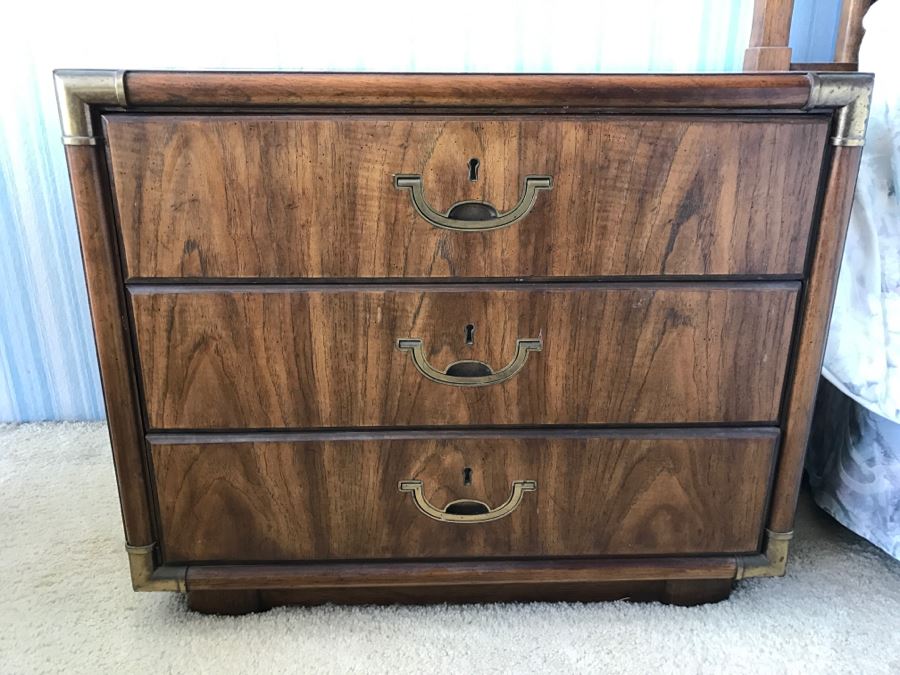 Pair Of Drexel Heritage Campaign Style Wooden Nightstands With Brass Accents [Photo 6]