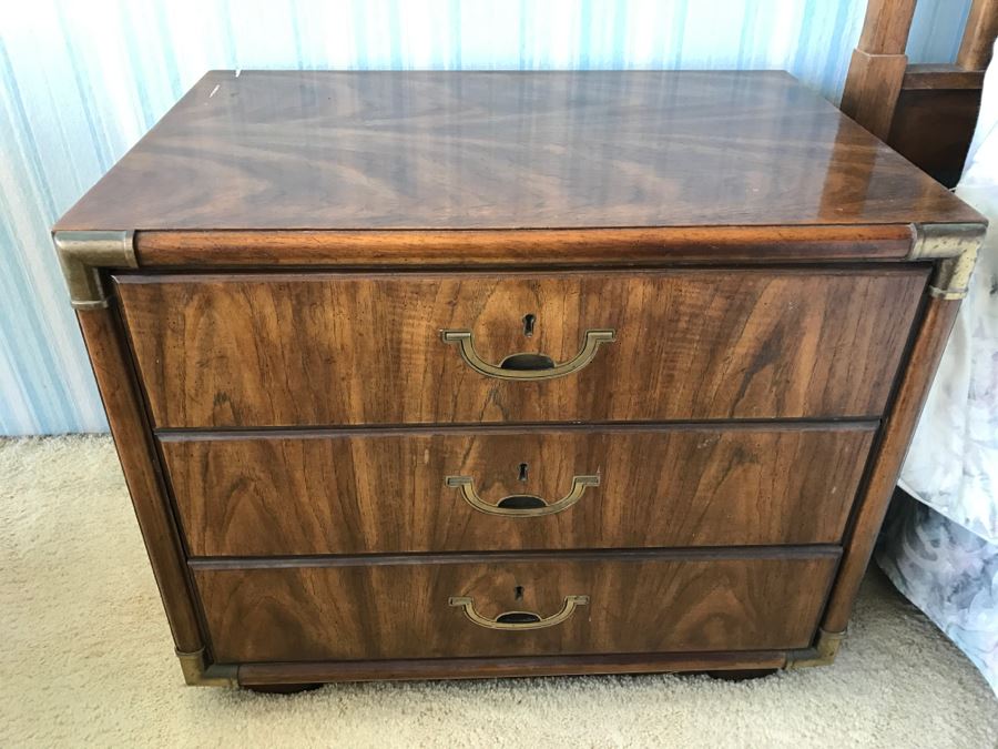 Pair Of Drexel Heritage Campaign Style Wooden Nightstands With Brass Accents [Photo 5]