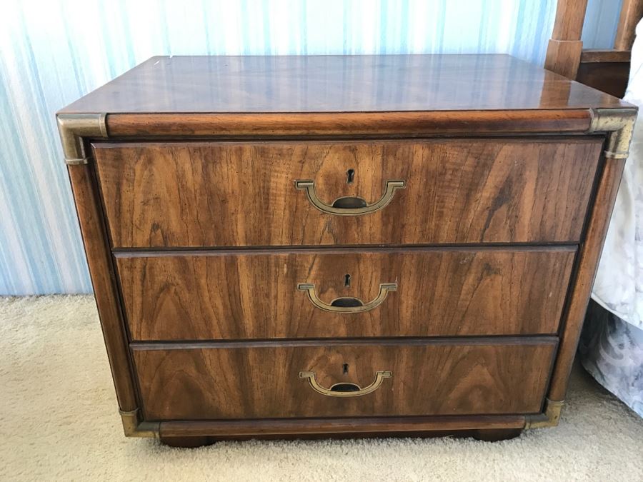 Pair Of Drexel Heritage Campaign Style Wooden Nightstands With Brass Accents [Photo 4]