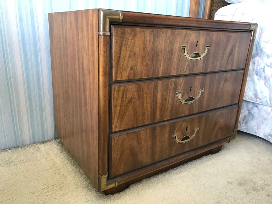 Pair Of Drexel Heritage Campaign Style Wooden Nightstands With Brass Accents [Photo 7]