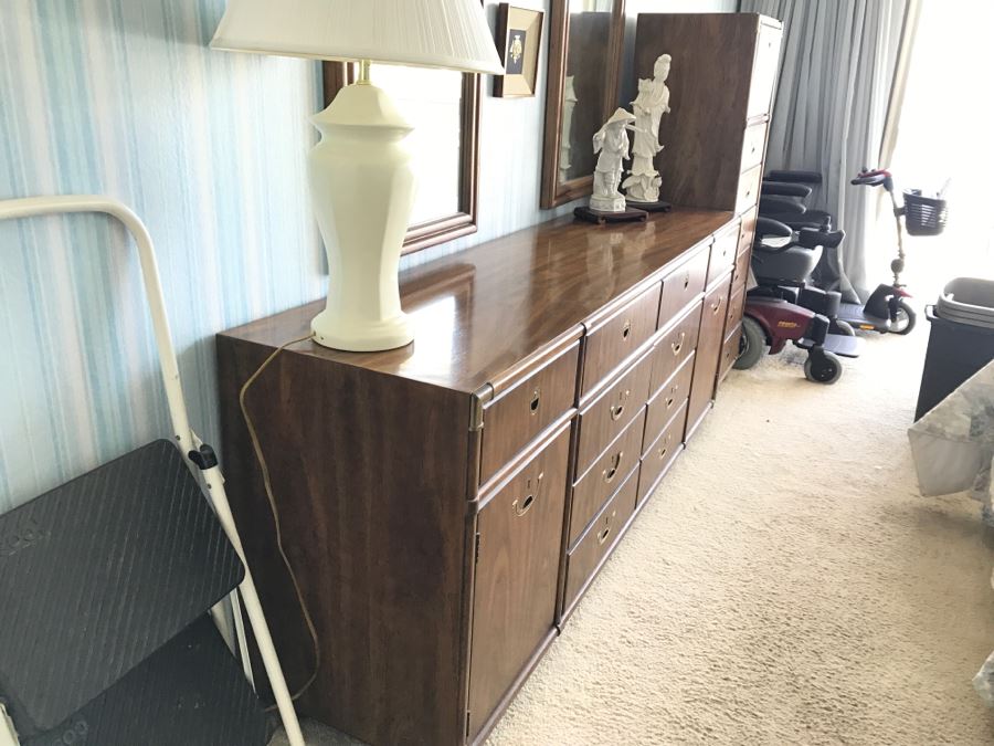 Vintage Drexel Heritage Campaign Style Bedroom Set With Long Chest Of Drawers, Highboy Chest Of Drawers With Flip Top Mirror And Pair Of Wall Mirrors [Photo 6]