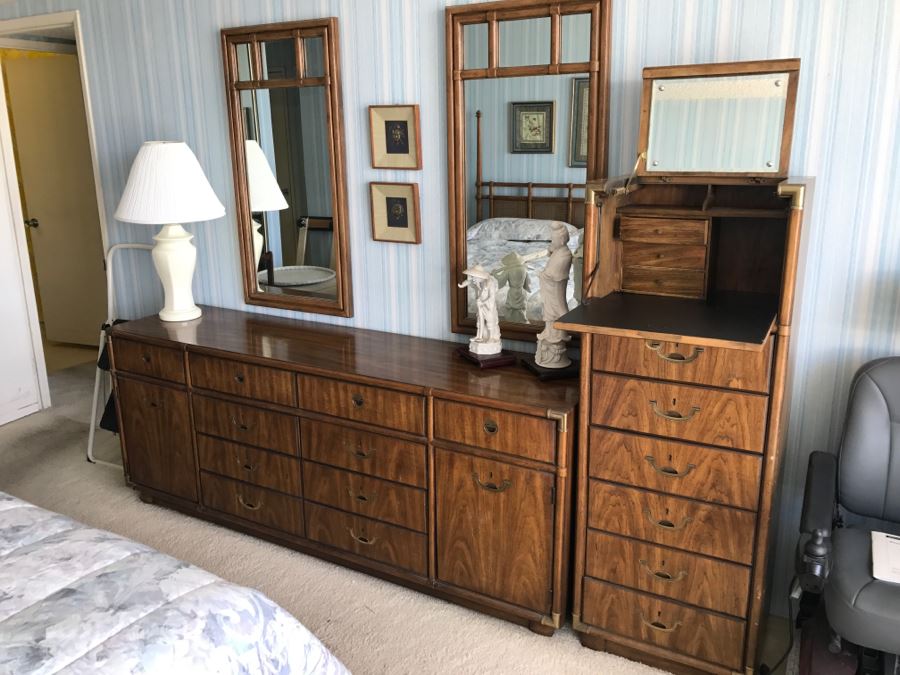 Vintage Drexel Heritage Campaign Style Bedroom Set With Long Chest Of Drawers, Highboy Chest Of Drawers With Flip Top Mirror And Pair Of Wall Mirrors [Photo 12]