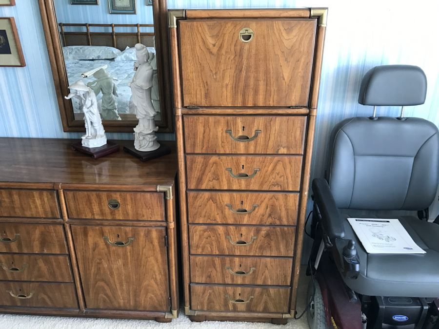 Vintage Drexel Heritage Campaign Style Bedroom Set With Long Chest Of Drawers, Highboy Chest Of Drawers With Flip Top Mirror And Pair Of Wall Mirrors [Photo 18]