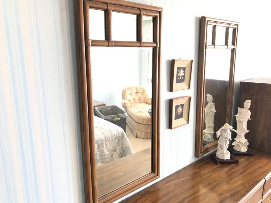 Vintage Drexel Heritage Campaign Style Bedroom Set With Long Chest Of Drawers, Highboy Chest Of Drawers With Flip Top Mirror And Pair Of Wall Mirrors [Photo 28]