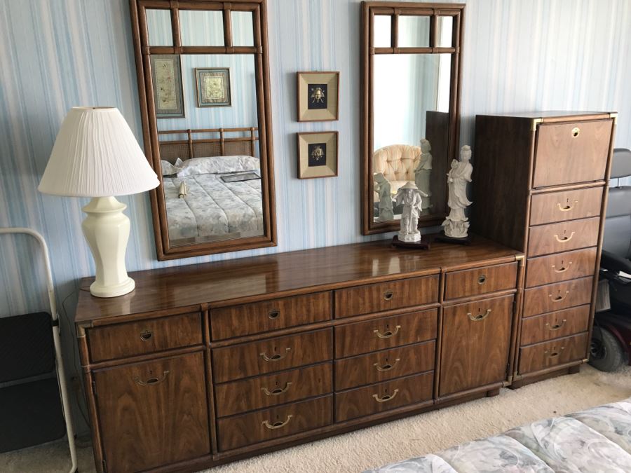 Vintage Drexel Heritage Campaign Style Bedroom Set With Long Chest Of Drawers, Highboy Chest Of Drawers With Flip Top Mirror And Pair Of Wall Mirrors [Photo 4]