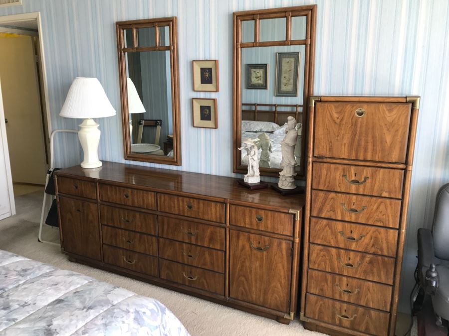 Vintage Drexel Heritage Campaign Style Bedroom Set With Long Chest Of Drawers, Highboy Chest Of Drawers With Flip Top Mirror And Pair Of Wall Mirrors [Photo 9]