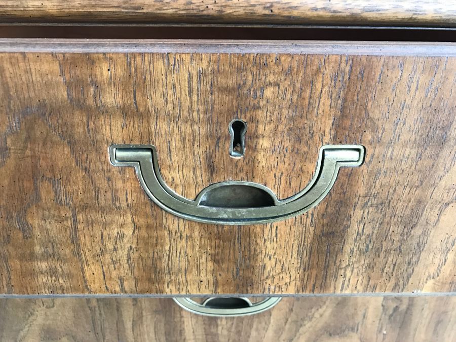 Vintage Drexel Heritage Campaign Style Bedroom Set With Long Chest Of Drawers, Highboy Chest Of Drawers With Flip Top Mirror And Pair Of Wall Mirrors [Photo 26]