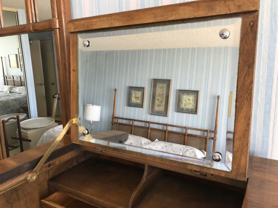 Vintage Drexel Heritage Campaign Style Bedroom Set With Long Chest Of Drawers, Highboy Chest Of Drawers With Flip Top Mirror And Pair Of Wall Mirrors [Photo 15]