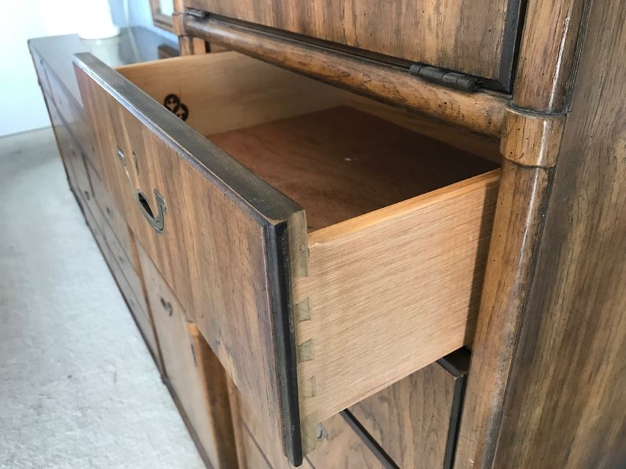 Vintage Drexel Heritage Campaign Style Bedroom Set With Long Chest Of Drawers, Highboy Chest Of Drawers With Flip Top Mirror And Pair Of Wall Mirrors [Photo 17]