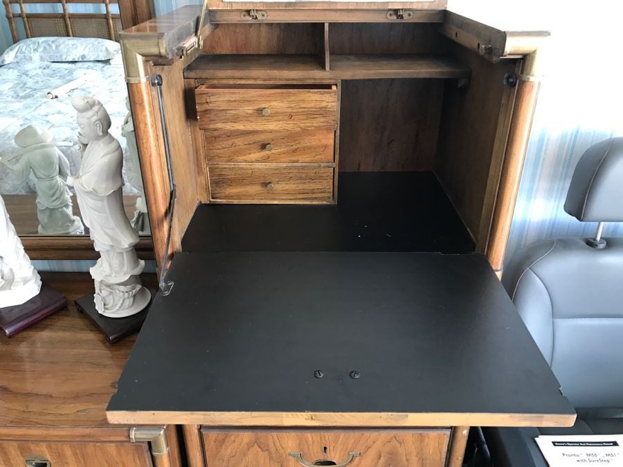 Vintage Drexel Heritage Campaign Style Bedroom Set With Long Chest Of Drawers, Highboy Chest Of Drawers With Flip Top Mirror And Pair Of Wall Mirrors [Photo 13]