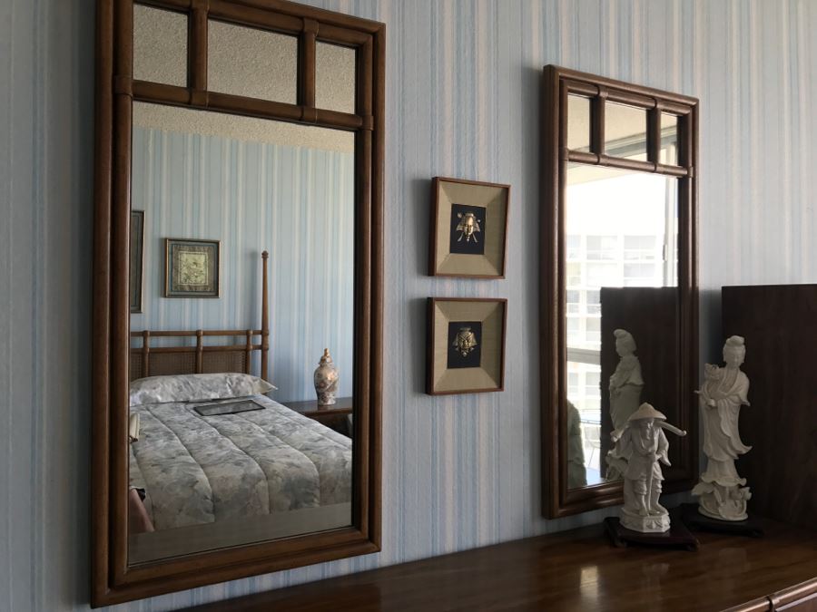 Vintage Drexel Heritage Campaign Style Bedroom Set With Long Chest Of Drawers, Highboy Chest Of Drawers With Flip Top Mirror And Pair Of Wall Mirrors [Photo 30]