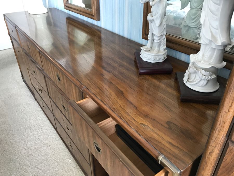 Vintage Drexel Heritage Campaign Style Bedroom Set With Long Chest Of Drawers, Highboy Chest Of Drawers With Flip Top Mirror And Pair Of Wall Mirrors [Photo 21]