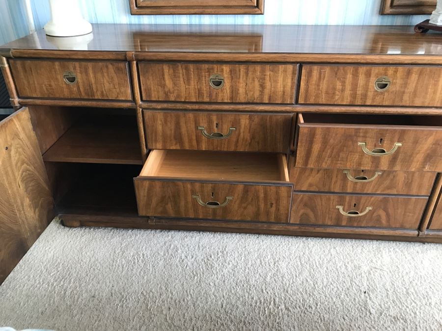 Vintage Drexel Heritage Campaign Style Bedroom Set With Long Chest Of Drawers, Highboy Chest Of Drawers With Flip Top Mirror And Pair Of Wall Mirrors [Photo 24]