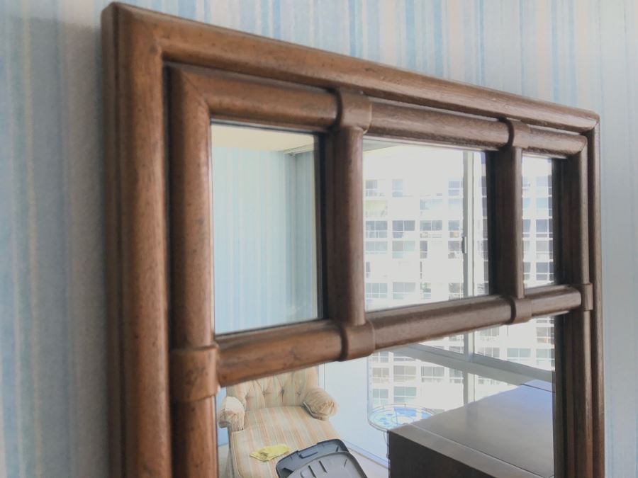 Vintage Drexel Heritage Campaign Style Bedroom Set With Long Chest Of Drawers, Highboy Chest Of Drawers With Flip Top Mirror And Pair Of Wall Mirrors [Photo 29]