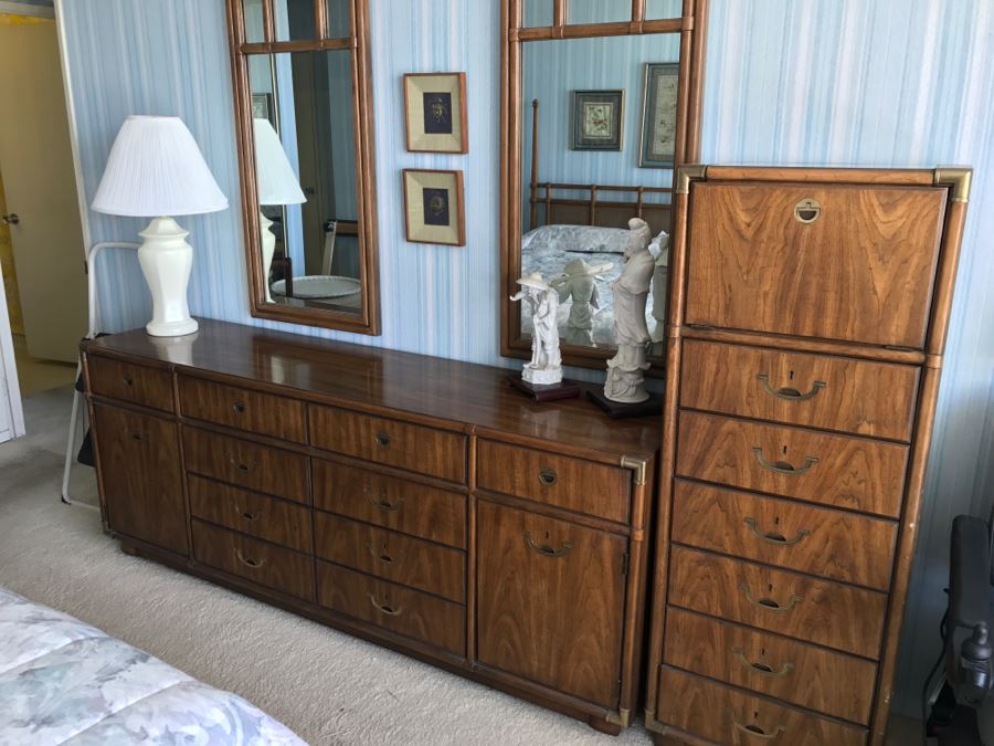 Vintage Drexel Heritage Campaign Style Bedroom Set With Long Chest Of Drawers, Highboy Chest Of Drawers With Flip Top Mirror And Pair Of Wall Mirrors [Photo 7]