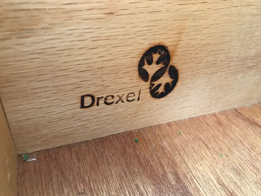 Vintage Drexel Heritage Campaign Style Bedroom Set With Long Chest Of Drawers, Highboy Chest Of Drawers With Flip Top Mirror And Pair Of Wall Mirrors [Photo 16]