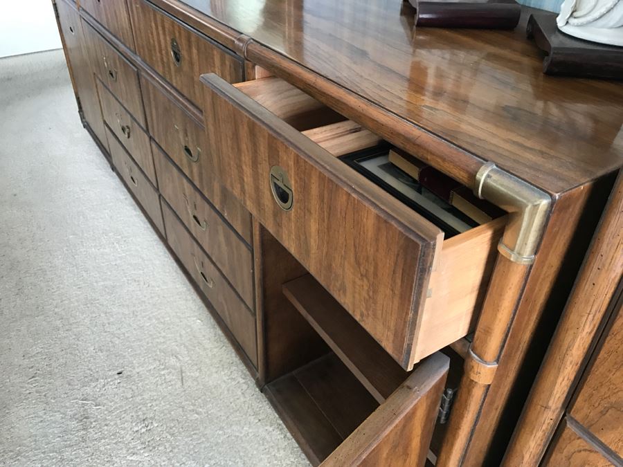 Vintage Drexel Heritage Campaign Style Bedroom Set With Long Chest Of Drawers, Highboy Chest Of Drawers With Flip Top Mirror And Pair Of Wall Mirrors [Photo 20]