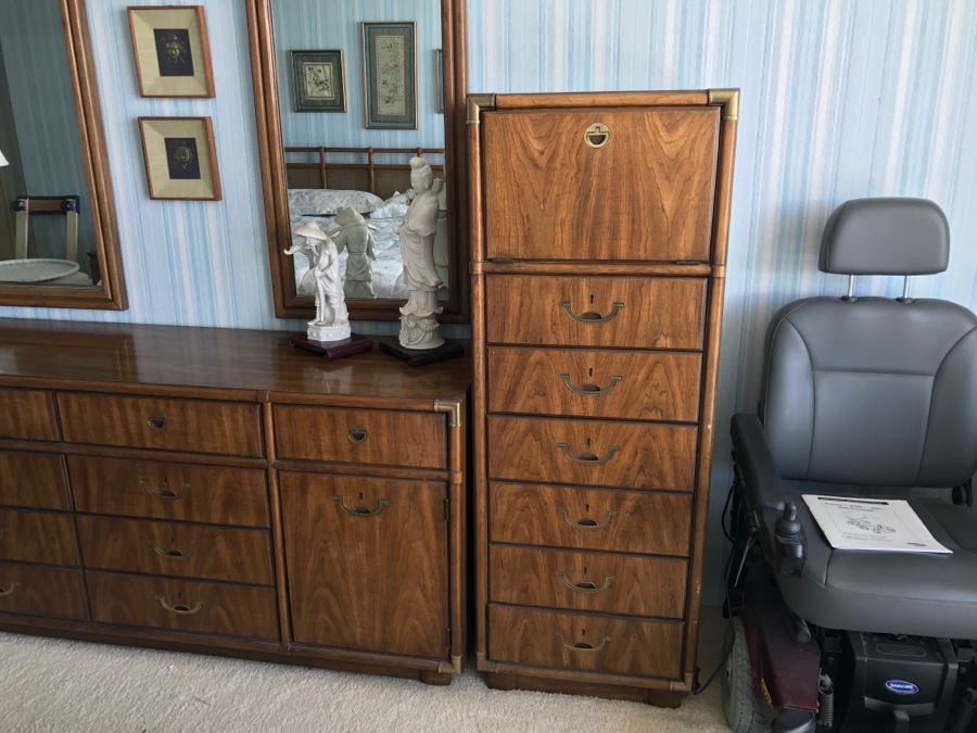 Vintage Drexel Heritage Campaign Style Bedroom Set With Long Chest Of Drawers, Highboy Chest Of Drawers With Flip Top Mirror And Pair Of Wall Mirrors [Photo 10]