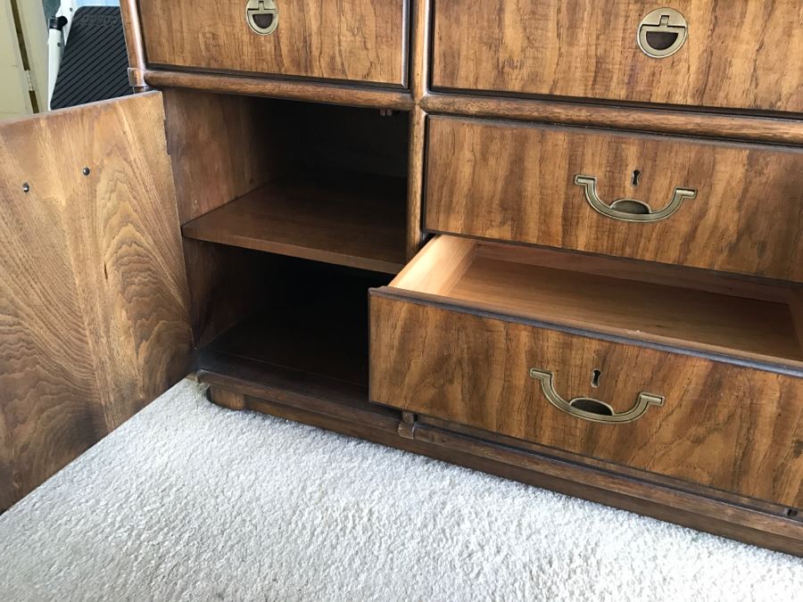 Vintage Drexel Heritage Campaign Style Bedroom Set With Long Chest Of Drawers, Highboy Chest Of Drawers With Flip Top Mirror And Pair Of Wall Mirrors [Photo 25]