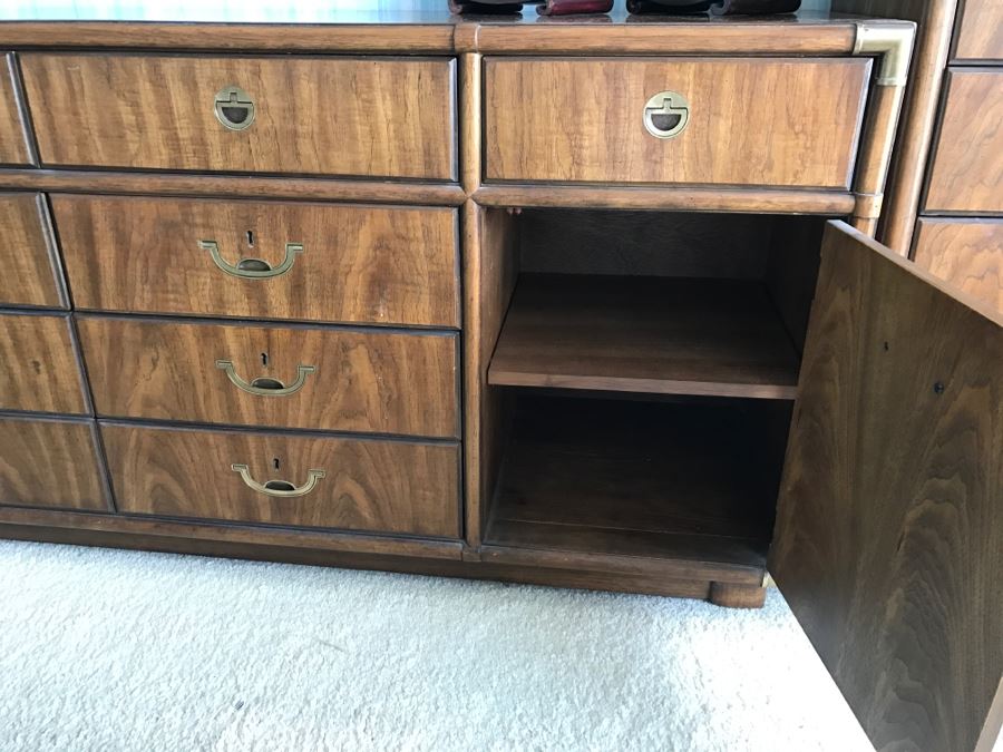 Vintage Drexel Heritage Campaign Style Bedroom Set With Long Chest Of Drawers, Highboy Chest Of Drawers With Flip Top Mirror And Pair Of Wall Mirrors [Photo 22]