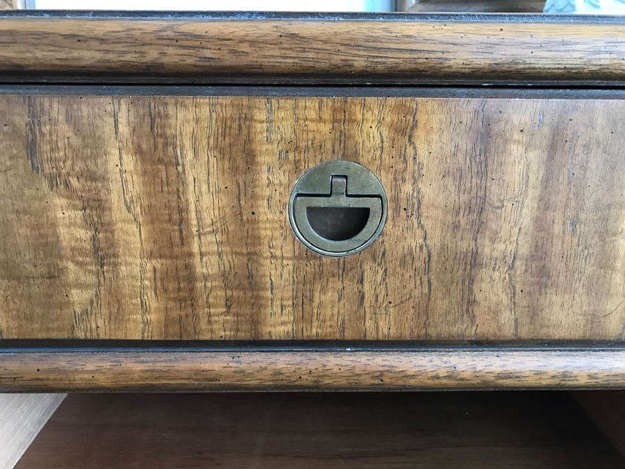 Vintage Drexel Heritage Campaign Style Bedroom Set With Long Chest Of Drawers, Highboy Chest Of Drawers With Flip Top Mirror And Pair Of Wall Mirrors [Photo 27]