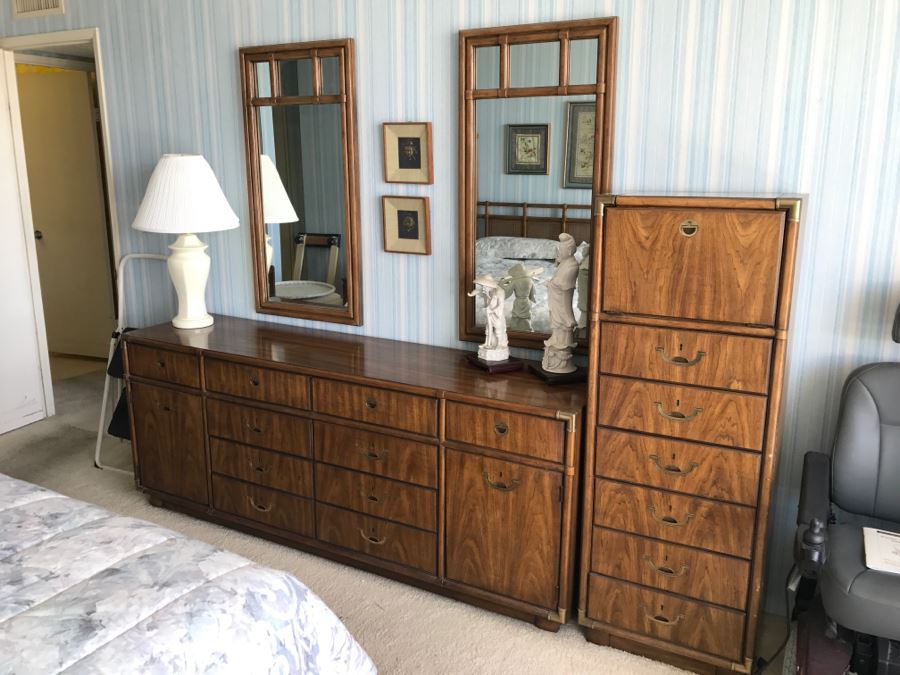 Vintage Drexel Heritage Campaign Style Bedroom Set With Long Chest Of Drawers, Highboy Chest Of Drawers With Flip Top Mirror And Pair Of Wall Mirrors [Photo 8]