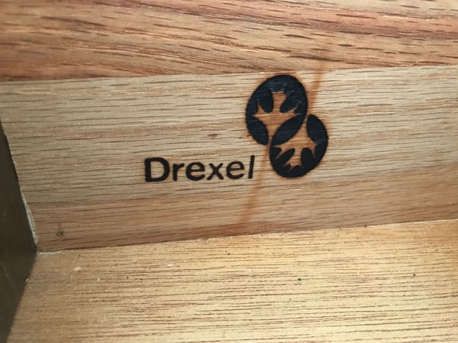 Vintage Drexel Heritage Campaign Style Bedroom Set With Long Chest Of Drawers, Highboy Chest Of Drawers With Flip Top Mirror And Pair Of Wall Mirrors [Photo 23]