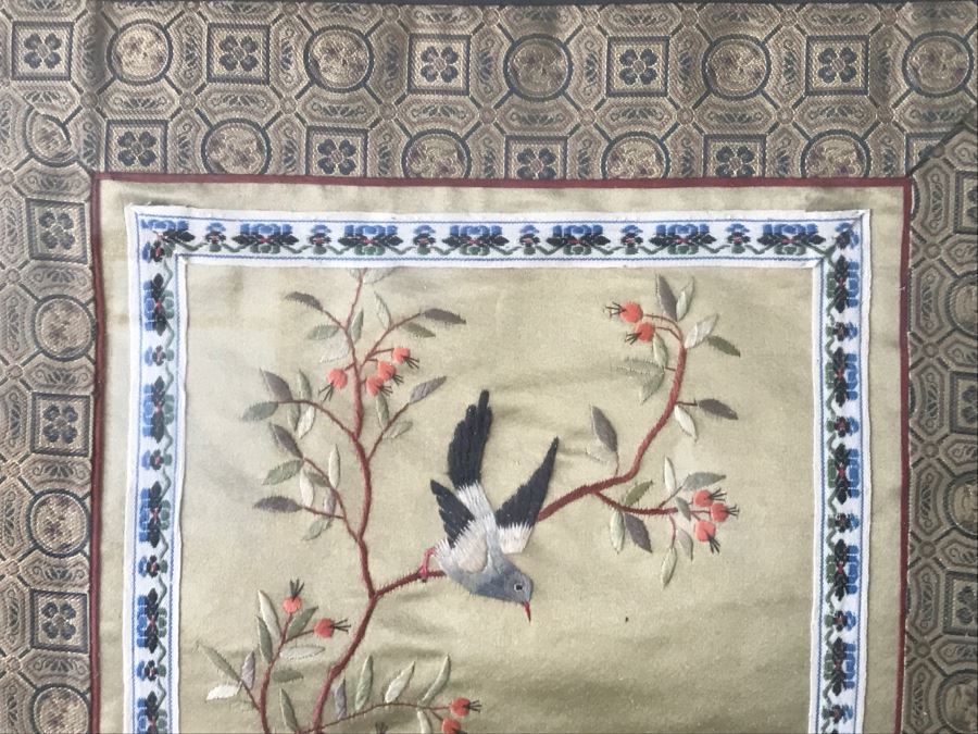 Set Of (3) Vintage Chinese Embroideries Featuring Birds, Trees And Flowers