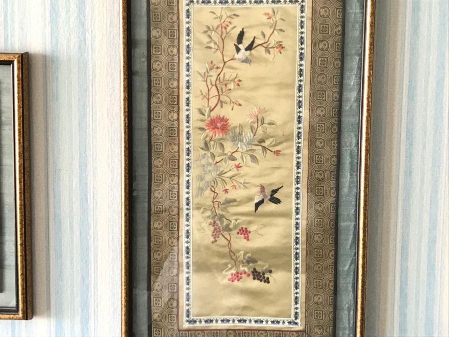 Set Of (3) Vintage Chinese Embroideries Featuring Birds, Trees And Flowers [Photo 4]