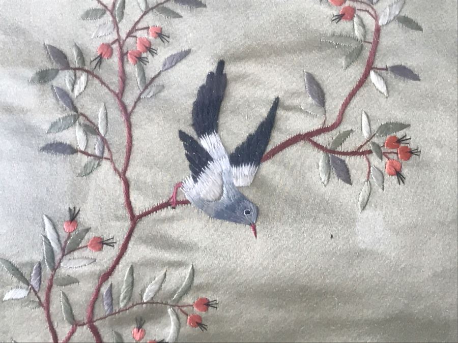 Set Of (3) Vintage Chinese Embroideries Featuring Birds, Trees And Flowers [Photo 6]