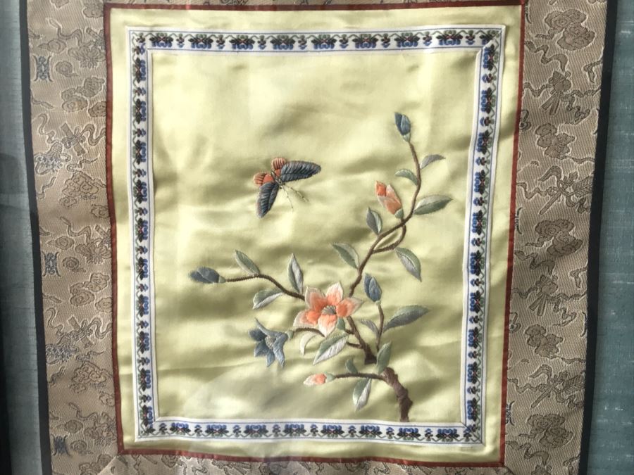 Set Of (3) Vintage Chinese Embroideries Featuring Birds, Trees And Flowers