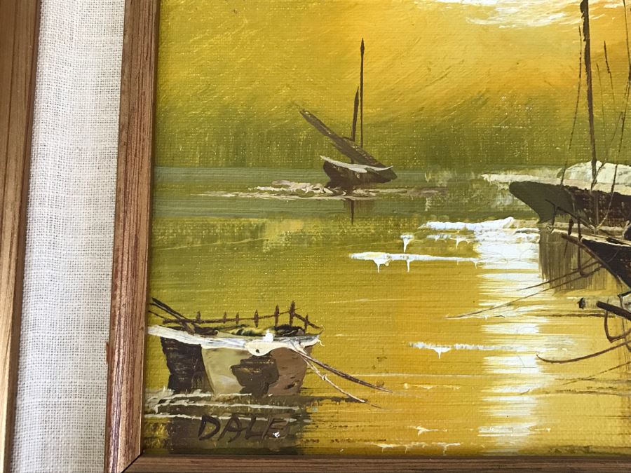 Vintage Original Oil Painting On Board Of Ship Harbour Scene Signed DALE [Photo 4]