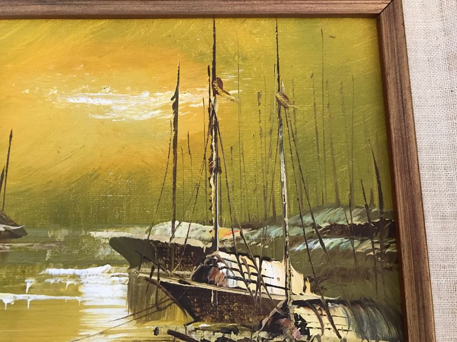 Vintage Original Oil Painting On Board Of Ship Harbour Scene Signed DALE [Photo 8]