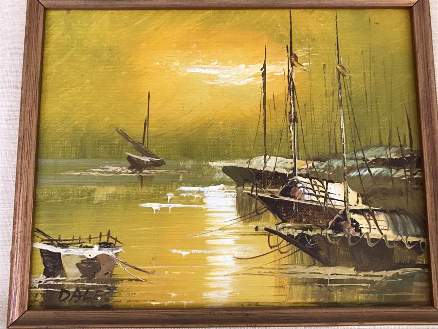 Vintage Original Oil Painting On Board Of Ship Harbour Scene Signed DALE [Photo 3]